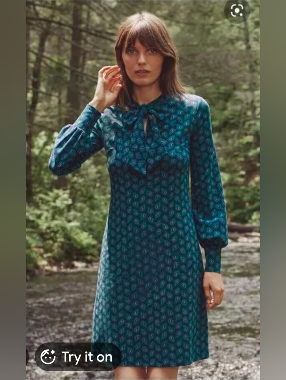 Boden Teal Paisley Tie-Neck Long Sleeve Dress - Size 16/18R